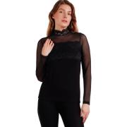 Blouse Admas Top van tule en kant met lange mouwen opstaande kraag