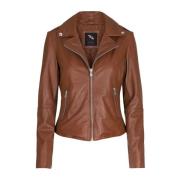 Dames Leren Bikerjack met Rechte Grote Rits Btfcph , Brown , Dames