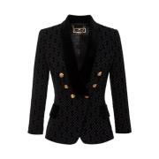 Zwarte double-breasted jas met flock logo patroon Elisabetta Franchi ,...