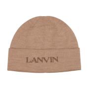 Beige Wollen Hoed met Geborduurd Logo Lanvin , Brown , Dames