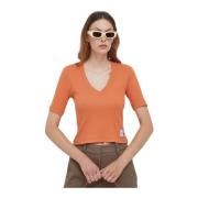 Geribbeld V-Hals T-Shirt Calvin Klein , Orange , Dames