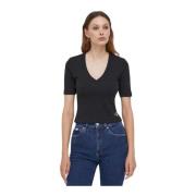 Geribbelde V-hals T-shirt Calvin Klein , Black , Dames