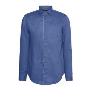 Blauw Linnen Overhemd met Contrastlogo Emporio Armani , Blue , Heren