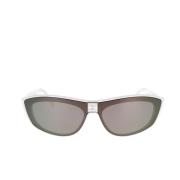 Moderne zonnebril met spiegelende grijze masker en wit acetaat montuur...