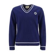 Logo Patched V-Neck Sweater Gucci , Blue , Heren