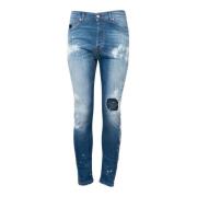 Skinny Fit Distressed Jeans John Richmond , Blue , Heren