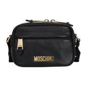 Zwarte schoudertas met geplateerd logo Moschino , Black , Dames