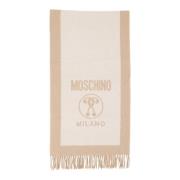 Effen Wollen Sjaal met Franjes en Logo Moschino , Beige , Dames