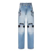 Vervaagde wijde katoenen jeans met klittenbandstrips Balmain , Blue , ...