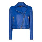 Korte leren bikerjack Balmain , Blue , Dames