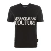 Zwart dames T-shirt met korte mouwen en verhoogd wit logo Versace Jean...