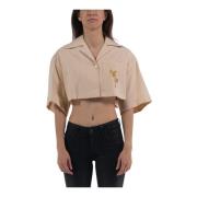 Cropped Bowling Shirt - Hoogwaardig Katoen Palm Angels , Beige , Dames