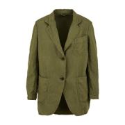 Groene Viscose Blazer met Klassieke Revers en Parelmoerknoopsluiting A...