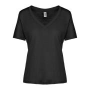 Linnen Jersey V-Hals T-Shirt BomBoogie , Black , Dames