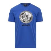 Blauw Crew Neck T-shirt met Geborduurd Medusa Logo Versace , Blue , He...