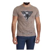 Brown Cotton Stretch Logo Print Men Casual Perforated T-shirt Guess , ...