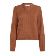 Gebreide V-hals Trui met Twists Tommy Hilfiger , Brown , Dames