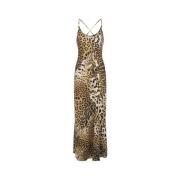 Zijden midi-jurk met luipaardprint Roberto Cavalli , Brown , Dames