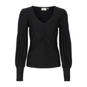 Zwarte V-hals Blouse met Pofmouwen Gestuz , Black , Dames