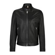 Heren Regular Fit Leren Jas met Mandarin Kraag Hugo Boss , Black , Her...