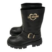 Zwarte Leren Enkellaars Platte Schoenen Love Moschino , Black , Dames