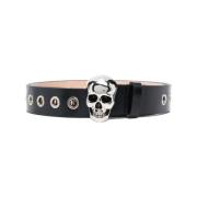 Zwarte leren Riem met metalen oogjes en schedelgesp Alexander McQueen ...