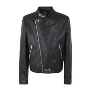 Ritssluiting Kalfsleren Bikerjack Balmain , Black , Heren