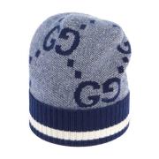 Blauwe Gebreide Beanie met GG Patroon Gucci , Blue , Heren