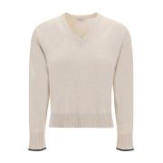 Beige Kasjmier Trui met V-Hals Brunello Cucinelli , Beige , Dames