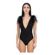 Mouwloze Body met Veren Schouderdetail Pinko , Black , Dames