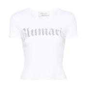Witte Geribbelde T-shirt met Strass Logo Blumarine , White , Dames