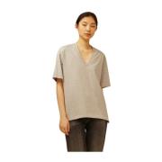 Katoenen Gebreid T-Shirt met V-Hals Semicouture , Gray , Dames