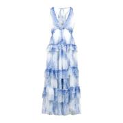 Blauwe Ruffle Jurk met Abstracte Print Philosophy di Lorenzo Serafini ...