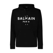 Zwarte katoenen hoodie met logo print Balmain , Black , Heren