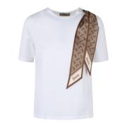 Katoenen Stretch T-Shirt met Zijden Sjaal Herno , White , Dames