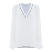 Klieke V-hals Blouse met Glanzende Details Kocca , White , Dames