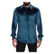 Slim Fit Blauwe Viscose Casual Shirt Dolce & Gabbana , Blue , Heren