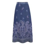 Paisley Border Print Linen Skirt Dea Kudibal , Blue , Dames