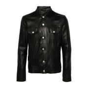 Zwarte leren jas met overhemdkraag en meerdere zakken Giorgio Brato , ...