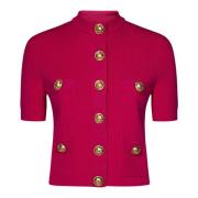 Rode Ribgebreide Cardigan met Gouden Knopen Balmain , Red , Dames