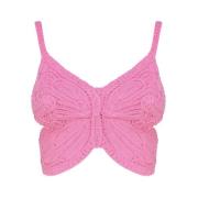 Roze Geribbelde Crop Top met Vlindervleugel Borduursel Blumarine , Pin...