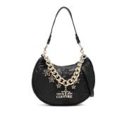 Zwarte Hobo Tas met Logo Sterren en Gouden Ketting Versace Jeans Coutu...