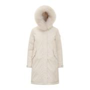 Lange Donsjas met Bont Capuchon Woolrich , Beige , Dames