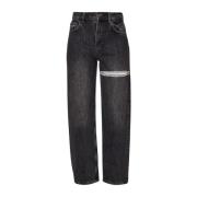 Hoge Taille Rechte Pijp Denim Jeans met Uitgesneden Strass Detail Liu ...