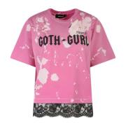 Roze Katoenen T-Shirt met Frontprint en Veters Dsquared2 , Pink , Dame...