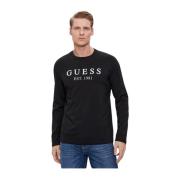 Bedrukt Logo T-Shirt - Zwart, Stretch Pasvorm, Lange Mouw Guess , Blac...