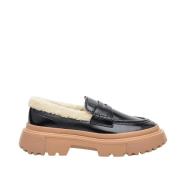 Zwarte leren en imitatiebont loafer Hogan , Black , Dames