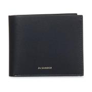 Zwarte leren bi-fold portemonnee met zilveren logoprint Jil Sander , B...