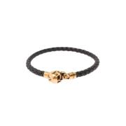 Gevlochten Leren Skull Armband Zwart Alexander McQueen , Black , Heren