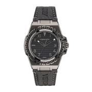 Zwart Leren Quartz Horloge Versace , Gray , Heren